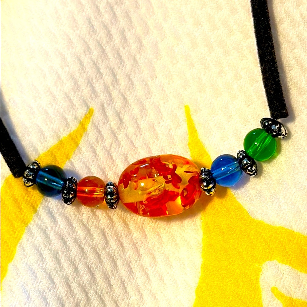 Hand crafted bead and black suede bracelet 8” chain total length